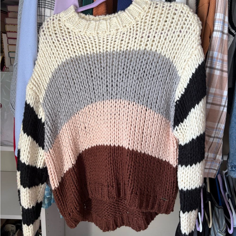 Volcom Cream, Gray, Pink, Brown, and Black Striped Sweater